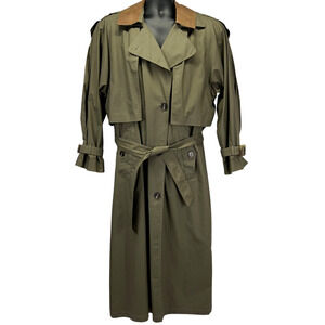 Vintage 90s Gallery Trench Coat Raincoat OD Olive Green Pockets Lined Womens 12